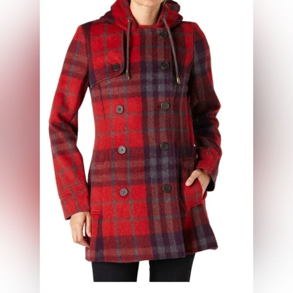 Quicksilver M Red PlaidPurple WOOLBlend Lined Dublebreasted Women Peacoat Hoddie